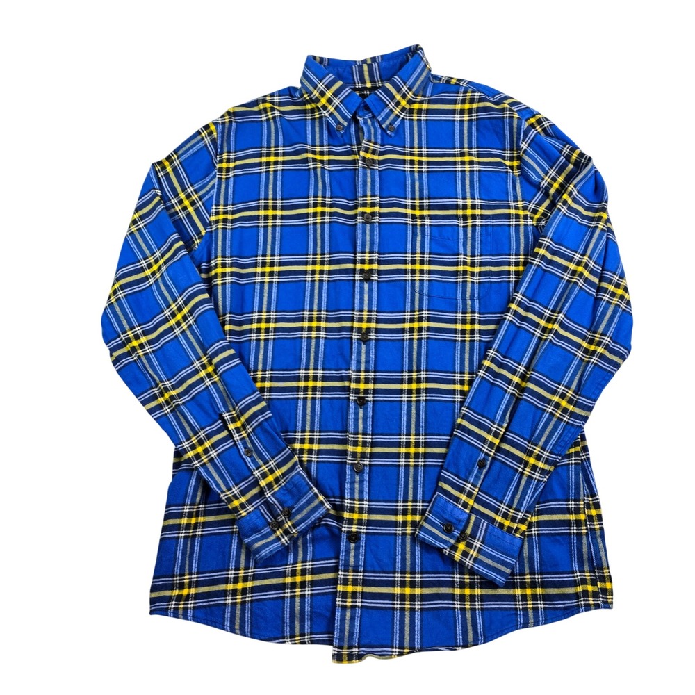 Lands' End Flannel Shirt Mens L/T Blue Yellow Plaid Cotton Traditional Fit Tall